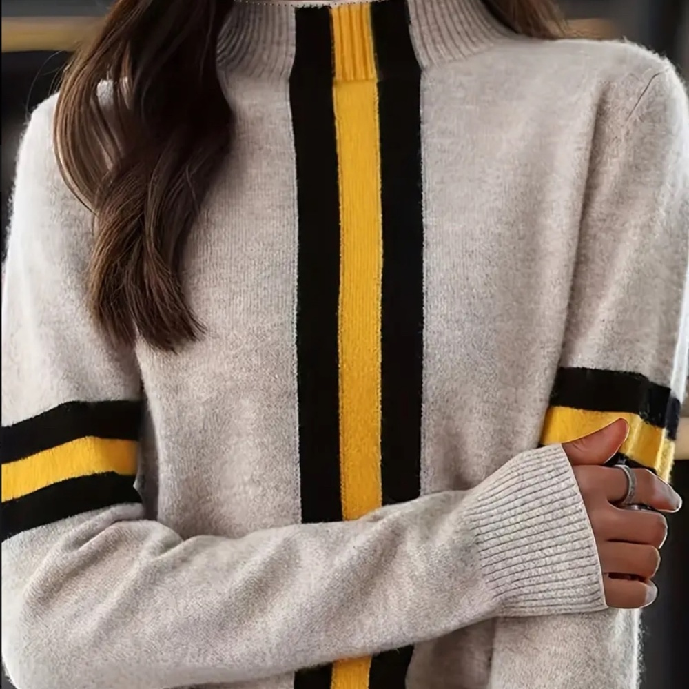Stylish Gray Sweater with Yellow and Black Stripes